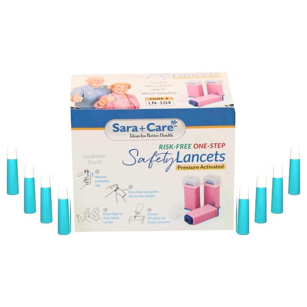 Sara+Care Sterile Safety Lancets for Glucometer Testing (100 Count) | Painless, One-Step Pressure Activated Blood Sampling | Auto-Retracting Disposable Needle for Daily Diabetes & Senior Home Care