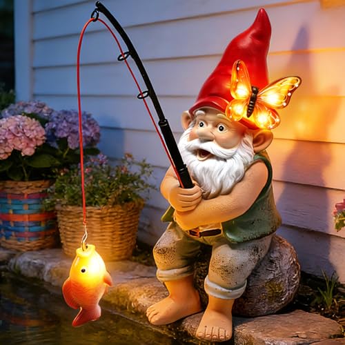 Solar Garden Gnome Statues Outdoor Fishing Gnome with Butterfly Solar Lights Waterproof Birthday Gifts for Mom Women Mothers Day Garden Figurines for Yard Decor Patio Porch Lawn Ornaments