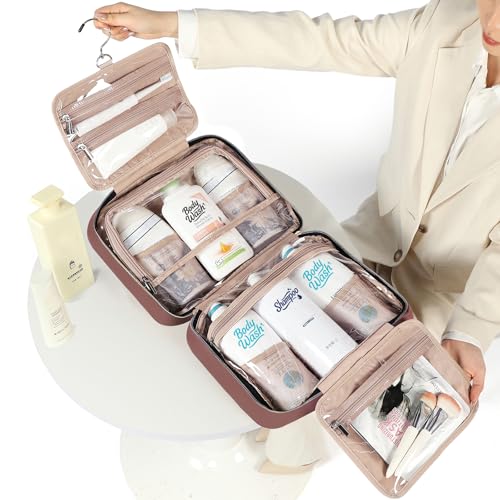 Image of NISHEL Travel Toiletry Bag for women, Portable Hanging Organizer for Family-Sized Shampoo, Conditioner, Brushes Set, Makeup Accessories, Extra Large Size, Rosewood-Pink