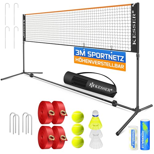 KESSER Badmintonnetz Tennisnetz | Federballnetz 3-Fach-Höhenverstellbar 107/120/155cm stabiles Gestell Set mit Netz 3X Federball & 3X Tennisball Montagezubehör Transporttasche Indoor & Outdoor