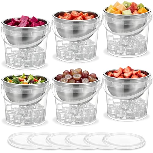 6 Pack 34 oz Chilled Dip Bowl and 68 oz Ice Bowl Base with Handle Stainless Steel Ice Chilled Serving Dish Iced Salad Bowl Set for Chilled Pasta Salads Dips Potato Dressing BBQ Party Favor
