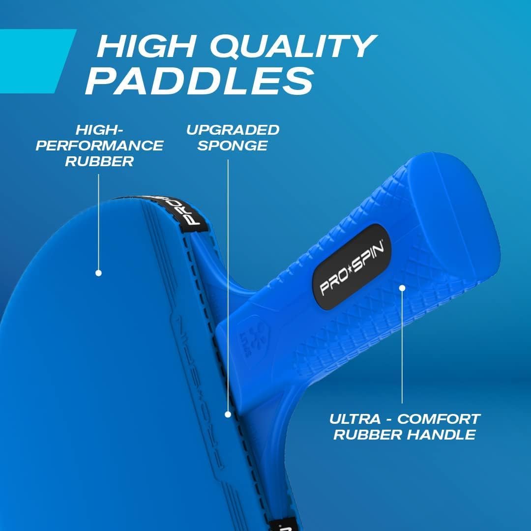 PRO-SPIN All-in-One Ping Pong Set - Retractable Ping Pong Net for Any Table (72"), Ping Pong Paddles and Balls, Storage Case (2-Player Ultra-Comfort Set, Blue/Black)