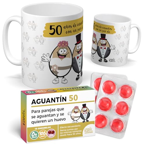 Taza 50 Años de Casados con un Par de Huevos | Regalo Original para Bodas de Oro y Aniversarios | Taza + Caramelos Divertidos | Pack Original Bodas de oro