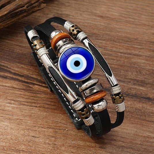 Evil Eye Leather Bracelet 2PCS, Three-Row Beads Charms Bracelet, Multi-Layer Wristband Wrap Protection Jewelry4