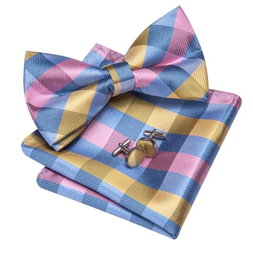 Image of Barry.Wang Paisley Striped Bow Tie for Men Silk Pre-Tied Bowtie Pocket Square Cufflinks Set Formal Wedding Party Prom
