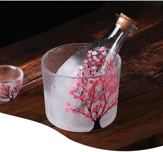 Color Painted Glass Sake Set 4 Pieces,Handcraft Pink Cherry Blossoms Design, 1 Sake Bottle, 1 Sake Tank and 2 Sake Cups, Cold/Warm/Hot Sake Carafe