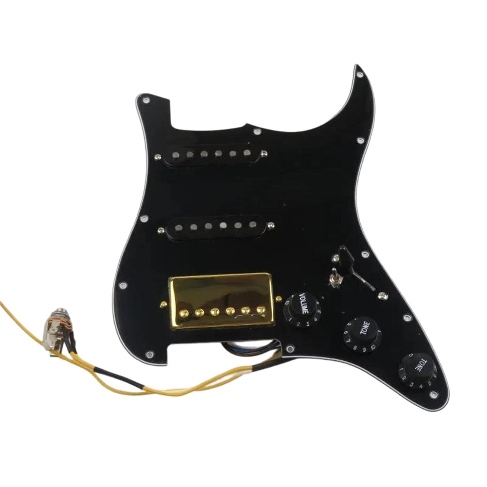 Professionelle Gitarren-Schlagbrett-Tonabnehmer HSS-belastetes Vorverdrahtetes Schlagbrett | Schwarzer 3-lagiger Scratch Plate Gold Bridge Humbucker + 2 Single Coil Pickups 1V2T