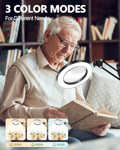 Image of TANYO 10X Magnifying Glass with Light, Real Glass Len Magnifier with Light with 3 Color Mode Dimmable, Dual Swing Arm Hands Free LED Desk Magnifier Lamp for Jewelry Sewing Crafts Embroidery Repair