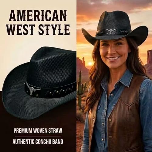Image of YOUBADU Western Straw Cowboy and Cowgirl Hats with Decorative Bands - Unisex Wide Brim Raffia Style Sun Hat
