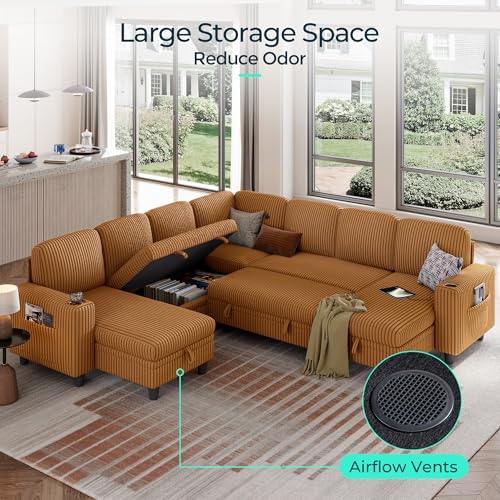 Image of LINSY HOME Sectional Sleeper Sofa with Pull Out Couch Bed - Convertible Plush Corduroy Cloud Couches with Storage Chaise & USB Charging, Comfy Modular Couch for Living Room, Brown
