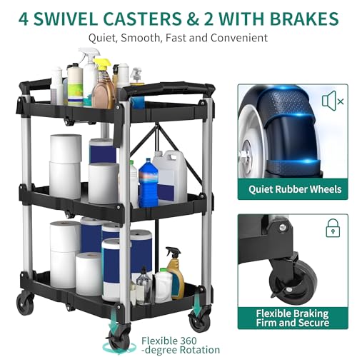 Image of YITAHOME 3-Tier Folding Utility Cart with Wheels (2 Brakes), 240lbs