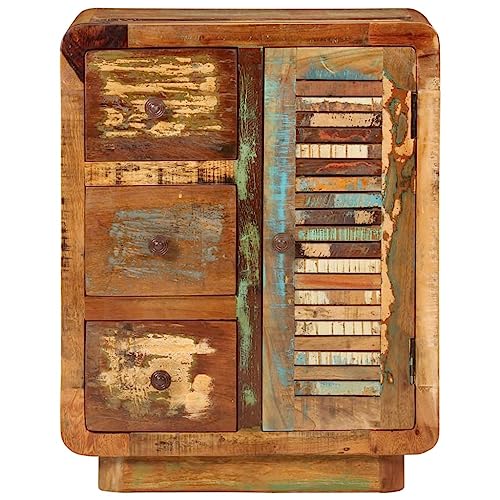 PUGYNBK Buffet en bois recyclé avec 3 tiroirs et 2 compartiments, 55 x 30 x 70 cm, bois recyclé en teck, mangue, pin et hêtre, meuble fabriqué à la main...