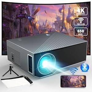 Beamer met WiFi en Bluetooth, mini-projector, draagbaar, outdoor projector, ondersteuning 4K native 1080p Full HD Video Movie Projector, compatibel met iOS en Android Phone HDMI, VGA, USB, AV,