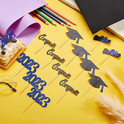 100 Pack 2023 Graduation Cupcake Toppers Grad Cap Food Appetizer Picks Cake Graduation Party Decorations Diploma Cupcake Picks For Cake Class Of 2023 Graduation Party Supplies (Black And Blue) #TOP3