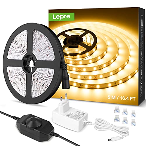 Lepro 5M Ruban LED Blanc Chaud Dimmable 12V 3000k 300LEDs V2835, Bande LED Autocollant Réglable via Variateur pour Miroir Dressing, Meuble, Escalier, Chambre, Cuisine