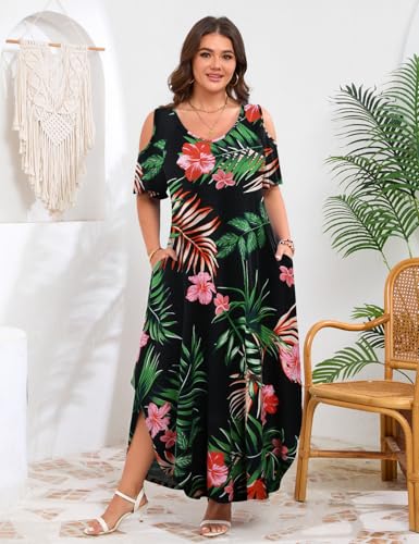 Image of JollieLovin Womens Plus Size Casual Summer Maxi Long Dress Cold Shoulder V Neck Beach Sundresses