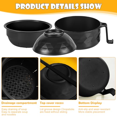 Miniatura 4 de Tzqfroce Microwave Ramen Bowl Ramen - Cuenco Para Microondas Ramen Con Palillos Instant Ramen Bowl Con Tapa Y Cuchara Portátil Para Microondas, Para Sopa, Pasta, Ensaladas Negro