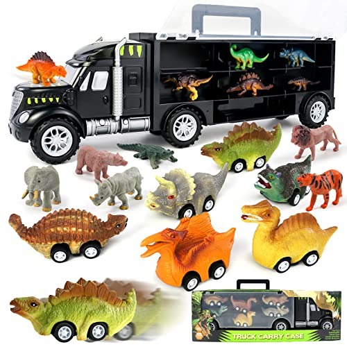 Akokie Dinosaur Toys Truck Transport Carrier Truck Toys with 12 Pcs Animals Toys 6 Pcs Pull Back Dinosaur Car Double Side Storage Set Birthday for Kids Boys Girls 3 4 5 Years Old