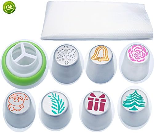 Russian Piping Tips Decorating Supplies Kit 17 Set with 7 Icing Nozzles, 9 Disposable Pastry Bags, 1 Large 3-Color Coupler for Christmas Cake Decorations