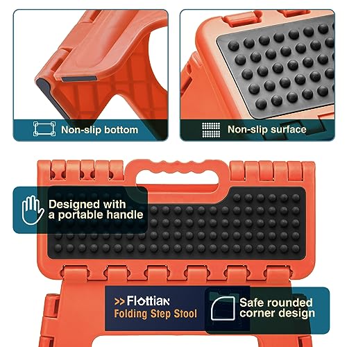 Image of Flottian 13 inch Folding Step Stool for Adults and Kids Holds Up to 300 lbs,Non-Slip Folding Stools with Handle, Compact Plastic Foldable Step Stool for Bathroom,Bedroom, Kitchen,Orange-Red,1PC