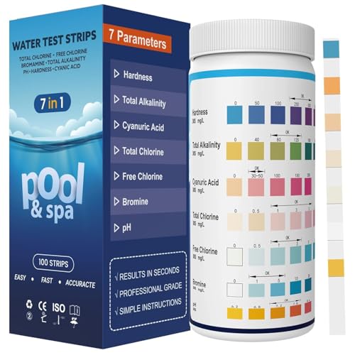 Pool Teststreifen 7-in-1 | Professionelles Tester für Pools Whirlpools und Spas | zur Messung von Chlor pH Wert Cyanursäure Brom Gesamthärte&Gesamtalkalinität|100 Stäbchen