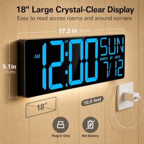 Image of JALL 18 inch Large Digital Wall Clock with Big Numbers, Remote, Timer, 12 RGB Wall Clock with Date and Temp for Teachers Seniors, Digital Clock for Arena, Gym, Living Room Classroom Decor (Blue)