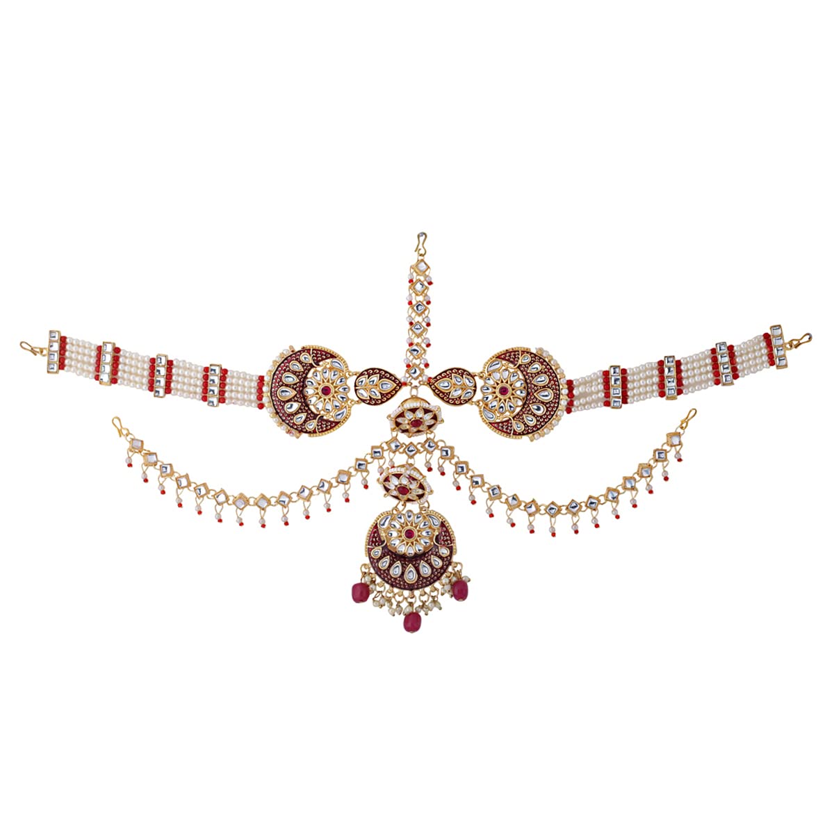 yellow chimes Maangtikka Daamini for Women Gold Plated Kundan Studded Meenakari Touch Multilayer White Beads Chain Designed Daamini Maangtikka for Women and Girls-picture-15