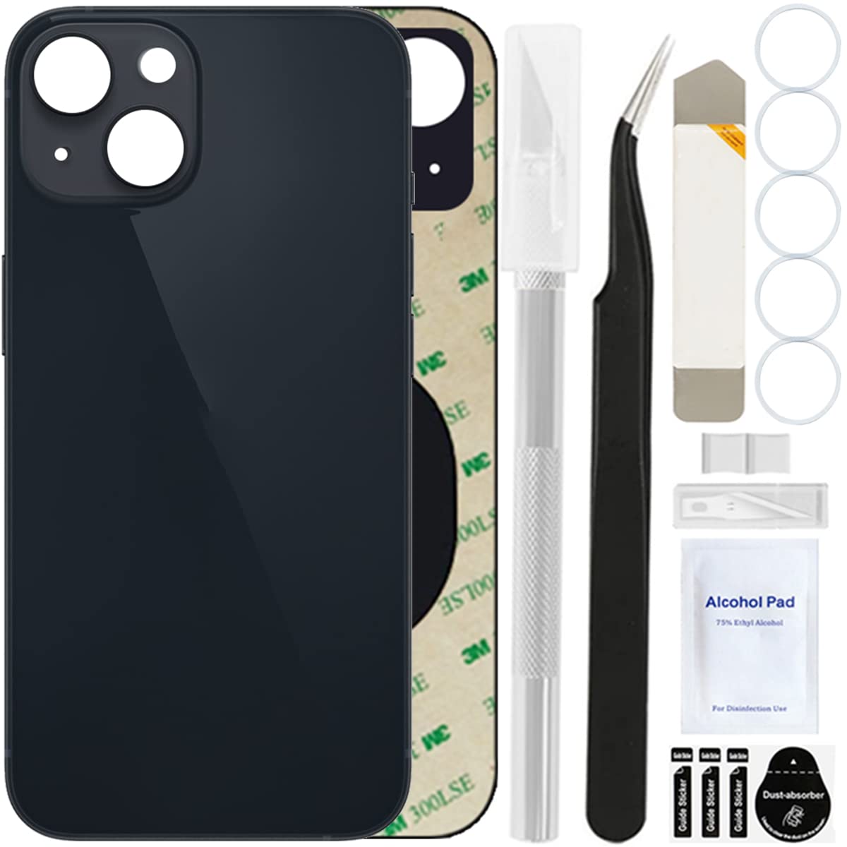 Remplacement de la Couverture arrière (sans Logo) pour iPhone 13, Trousse d'outils de réparation Professionnelle, éhérence et élastiques préinstallés (6,1 Pouces/Minuit)