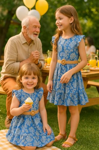 PATPAT Little Big Girls Dress Vintage Boho Floral Ruffle Short Sleeve Casual Swing Dress with Braided Belt4