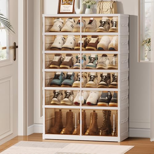 Image of CIMLORD 6-Tier Foldable Shoe Rack Organizer for Closet, 18 Pairs Collapsible Plastic Shoe Shelf, Large Shoes Cabinet with Door, Clear Stackable Storage Box Easy Assembly White