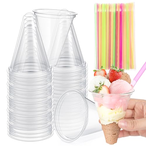 Roshtia 600 Pcs 4oz Snow Cone Cups with Straw Spoon Thicken Disposable Cone Cup Pull Type Wall Mount for Restaurants Home Office and Shaved Ice (Clear Plastic)