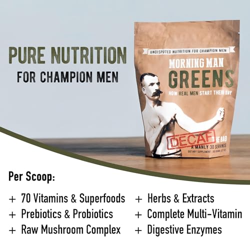 Image of MORNING MAN Greens Powder Decaf, Probiotic Superfood Smoothie Mix with Digestive Enzymes for Gut Health, 75+ Vitamins, 43 Real Whole Foods, Gluten Free, Vegan, Caffeine Free, Non GMO, 30 Servings