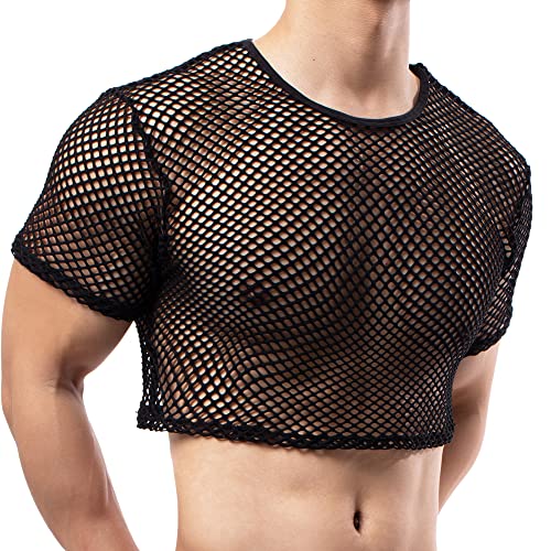 Men's Fishnet Crop Tops Mesh T Shirt See Through Undershirt Nightwear Sheer Shirt