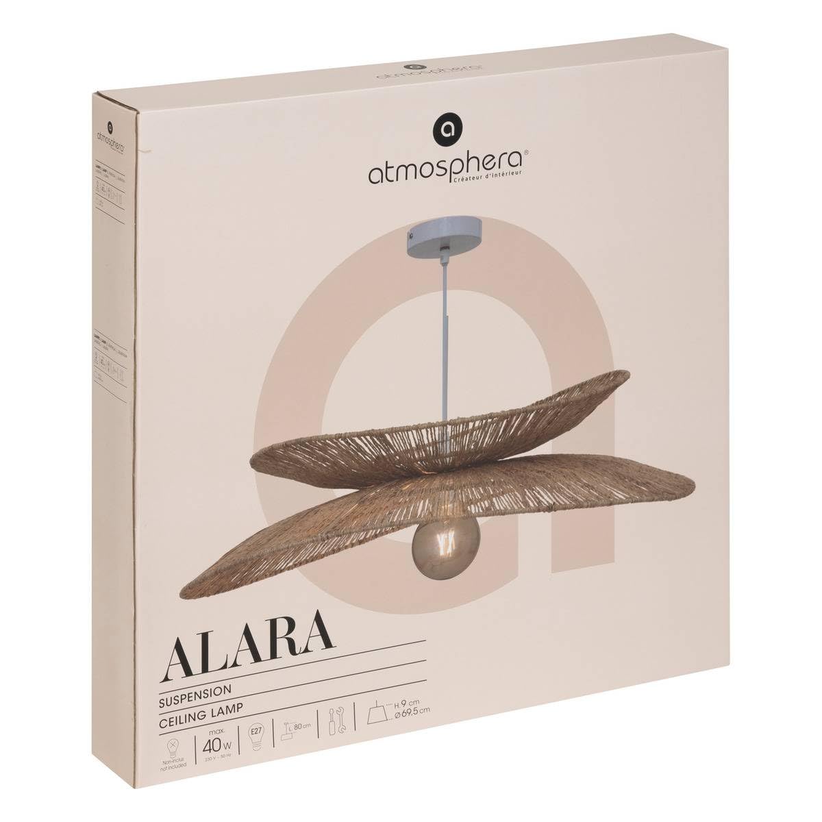Atmosphera - Suspension Alara en Jute Tressé Beige D. 69,5 cm, Hauteur Réglable - Luminaire Style Bohème Pour Salon, Salle à Manger, Chambre