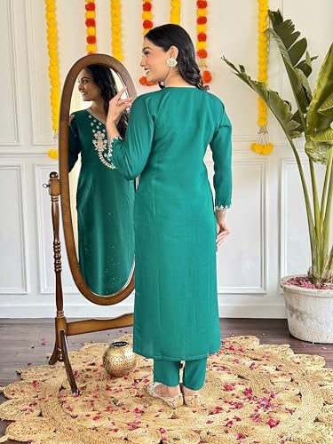 Image of Shiv Textiles Women's Chanderi Silk Embroidered Kurta Pant Dupatta Set(JDA-Lavina-Green-L)