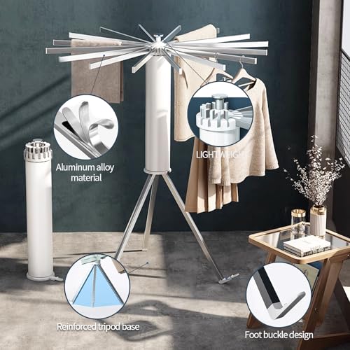 Rigwarl Octopus Trockenständer, Platzsparend Teleskopisch Faltbar, 360 Grad Schwenkbarer Trockenständer, Dreiecksständer Bodenstehender Trocknungsgestell, 16 Trockenstangen (Aluminiumstangen)