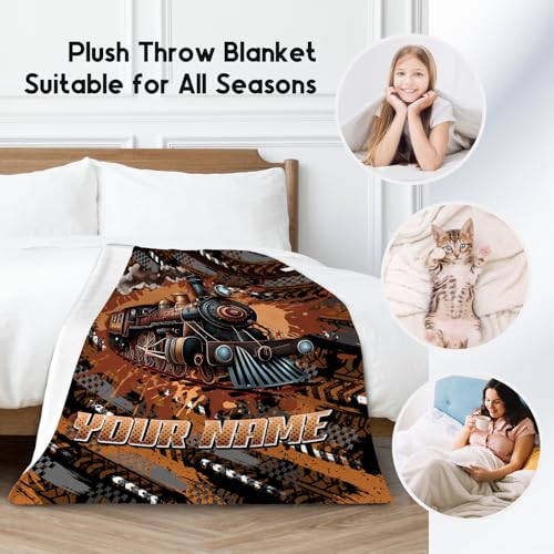 Custom Blankets for Boys Train Blanket Gifts - 4 Sizes Cozy Soft Flannel Throw for Kids Teens