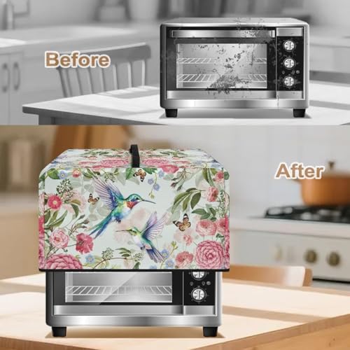 Image of Convection Oven Dustproof Cover, Washable Microwave Oven Cover Small Appliance Accessories for Kitchen Countertop, L, Retro Hummingbird Butterfly Camellia Flower
