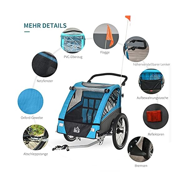 HOMCOM 3 in 1 Kinderanhänger Aluminium Kinder Jogger Fahrradanhänger Radanhänger für 2 Kinder mit… – Bild 7