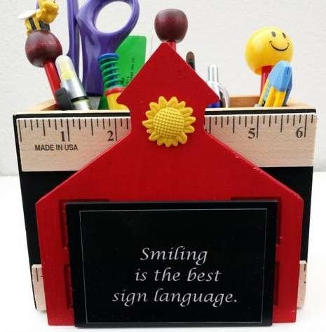 Wooden Caddy, AA-R28 SCHSAYSMILING - w/Schoolhouse & Saying, 6.5"x4.75"x3.35" A Two PARTITION Organizer Made in USA. Teachers Appreciation Gift. Accessories are not Included Unless specified.