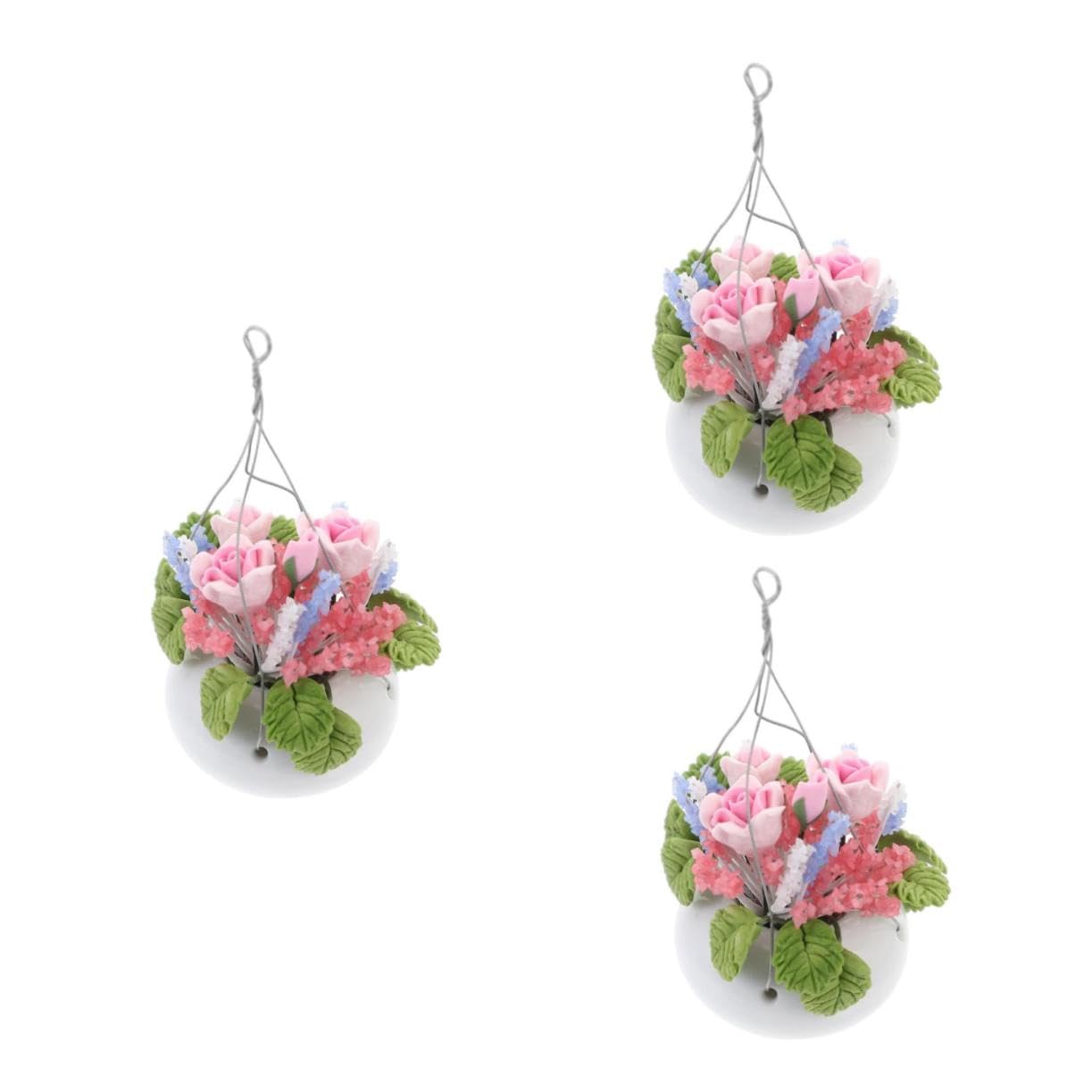 JUMPLAWN 3pcs Miniature House Potting Ornament Rose Hanging Basket Flower Arrangement Model for Home Decor Creative and Flower Model for Boys and Girls Rooms