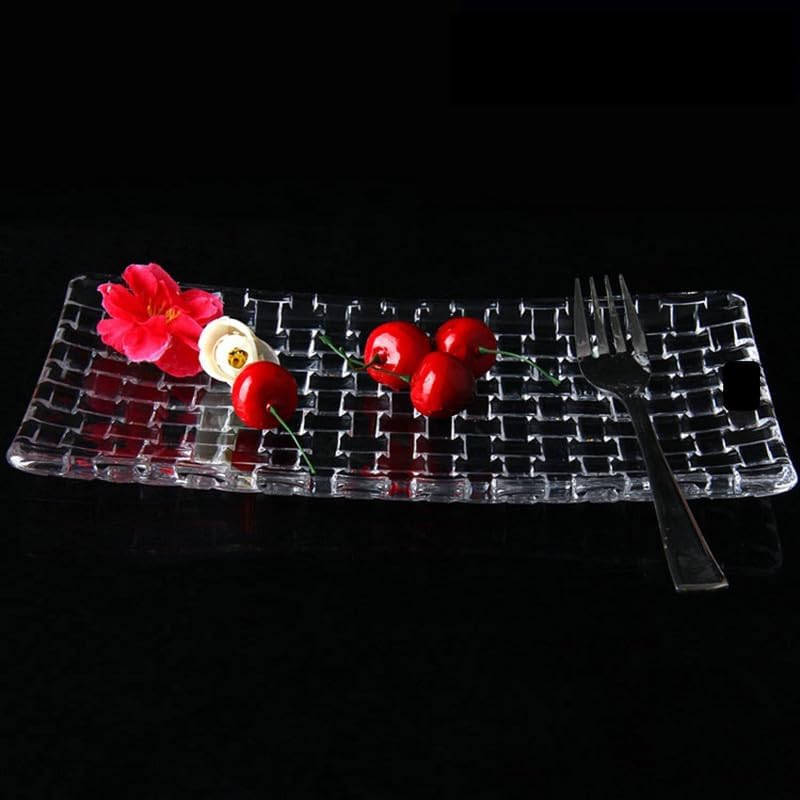 Image of Crystal Glass Serving Tray Rectangular 11 inch | Elegant Grid Relief Long Clear White Serving Plate | Serve Appetizer,Food,Sushi, Snack, Fruit, Cake & Dessert for Holiday Party