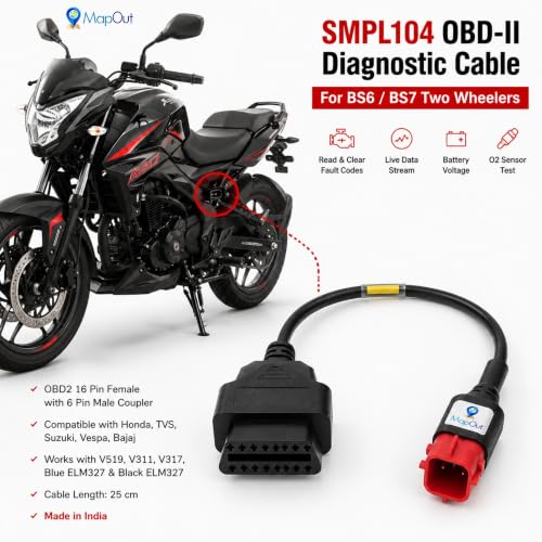Mapout24 OBD-II 16-Pin Female to 6-Pin Male Diagnostic Cable for BS6 & BS7 Honda, TVS, Suzuki, Vespa & Bajaj | Compatible with V519, V311, V317 & ELM327 OBD-II Scanners | SMPL104 - Image 6