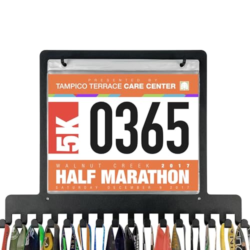HZE Marathon Running Bib Holder and Medal Hanger Display, Black Race Bid Holder and Medal Display with 16 Hooks and 10 Plastic Boards for Gymnastics, Race, Soccer, Swim and Running