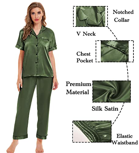 Image of SWOMOG Womens Silk Satin Pajamas Sets 4pcs Sleepwear Sexy Cami Shorts Set and Button Down Short Sleeve Pjs Loungewear Olive Green Large