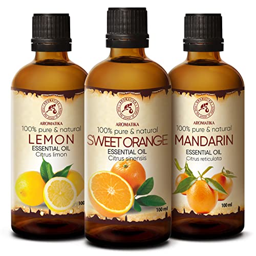 Set de Aceites Esenciales 3x100ml   Limón, Naranja, Mandarina   Para Difusor, Aromalamp, Humidificador, Lámpara Aromática   Cuidado de Uñas