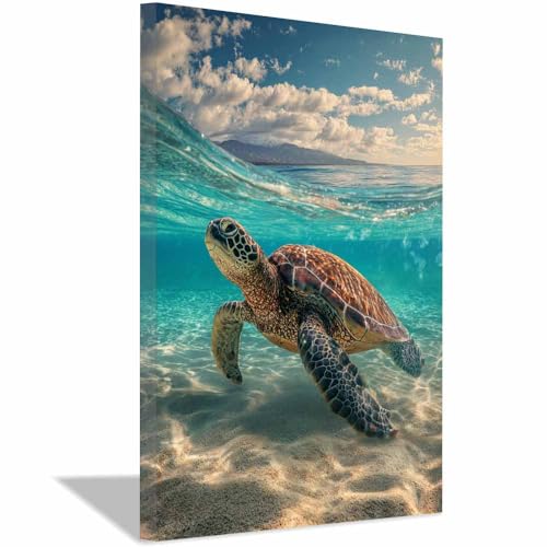 Toile tortue de mer déco pour bureau et chambre ambiance marine marron