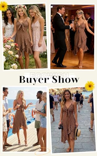 Image of ECOWISH Polka Dot Women Summer Dresses Casual Midi A Line Ruffle High Low Sleeveless Boho Floral Halterneck Cocktail Sundress