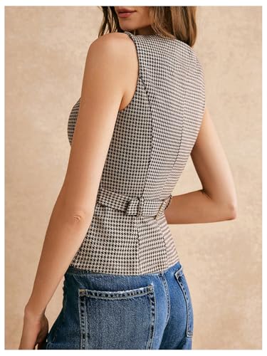 SHENHE Women's Square Neck Plaid Vest Button Up Houndstooth Dressy Business Waistcoat Suit Vest2