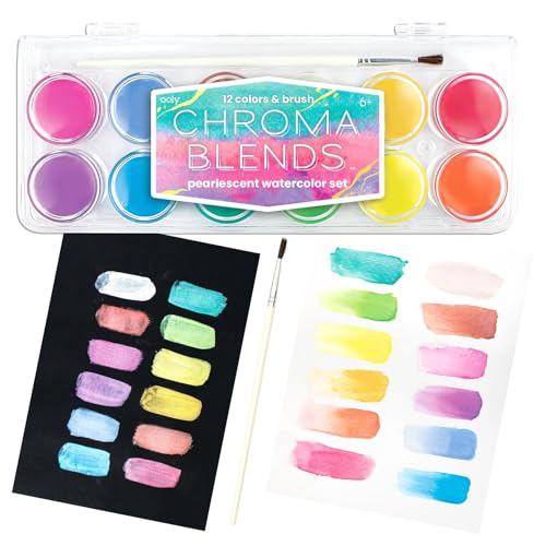 Ooly Chroma Blends Pearlescent Watercolor Set, 12 Colors, Watercolor Pack for Creative Kids and Adults, Vibrant Colors in a Portable Case, Art Supplies for Ages 6 and Up, Brush Included